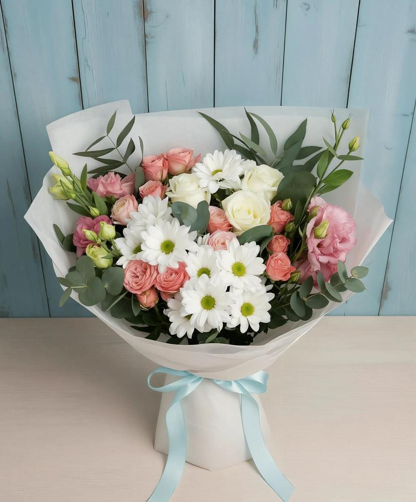 Букет цветов из: Розы, Лизиантусы и Хризантемы в Черепаново