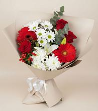Букет цветов из:  Розы, Хризантемы, Герберы и Лилии в Черепаново